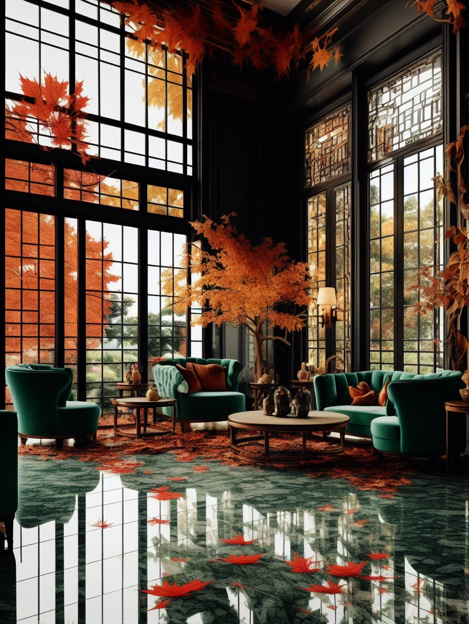 French Chinese style,no humans,scenery,window,reflection,couch,table,tree,indoors,lamp,chair,autumn leaves,reflective floor,leaf,restaurant,plant,<lora:JustinFrenchChinesestyle:0.7>,