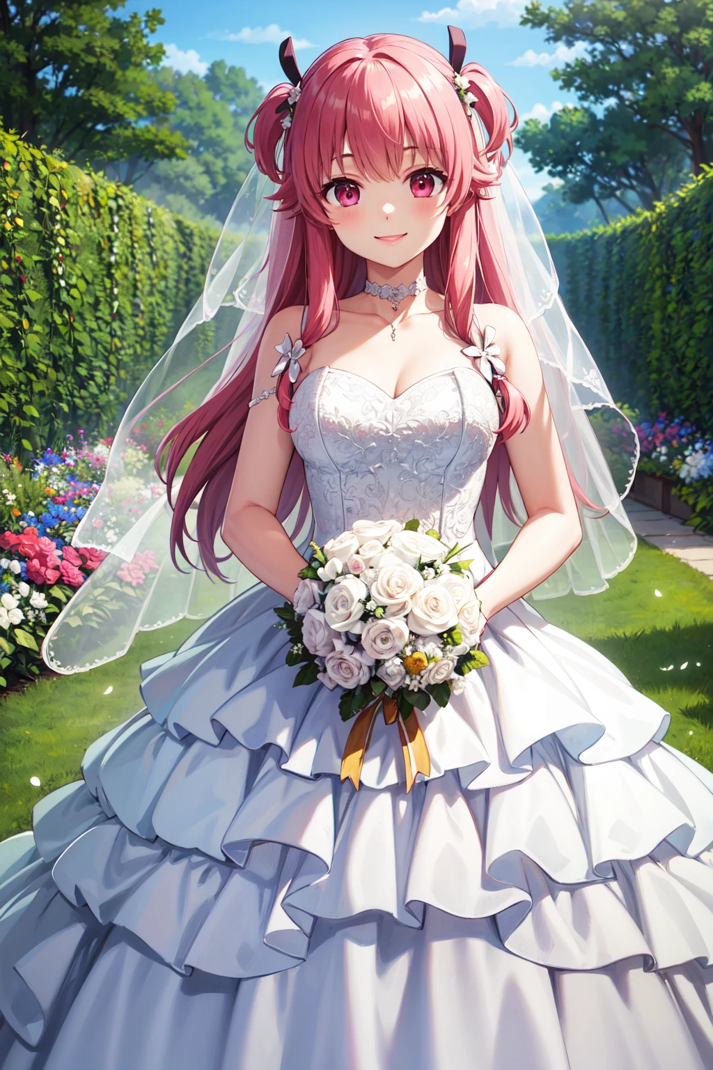 masterpiece,best quality,highres,ultra-detailed,aayui,long hair,two side up,hair ribbon,hair ornament,choker,<lora:yui_(angel_beats!):0.7>,(wedding dress:1.2),white dress,(veil:1.2),garden,smile,outdoors,standing,cowboy shot,holding bouquet,