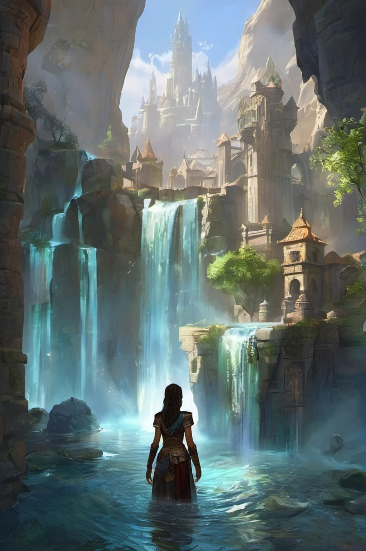 girl in Elder Scrolls: Shimmerene: A floating city bathed in ethereal light, with waterfalls cascading down its crystal towers. with many details,