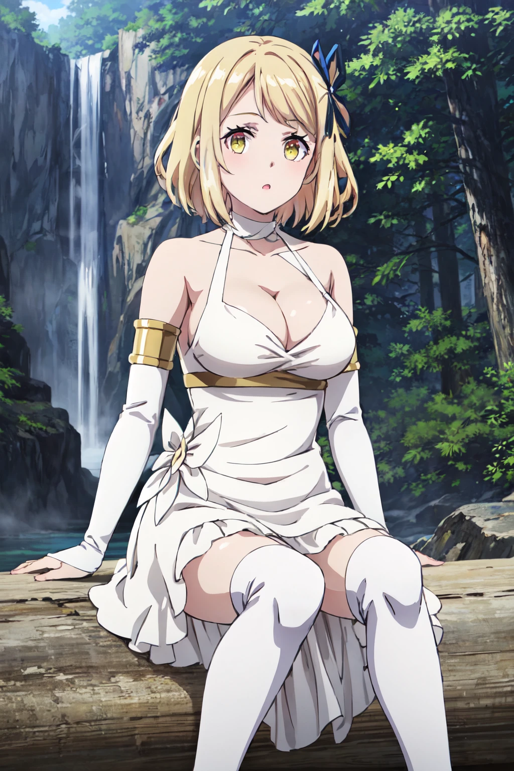 <lora:more_details:0.5>,   <lora:tia-09:0.7> tia_wz, short hair, blonde hair,yellow eyes,cleavage, large breasts, hair ornament, white dress, white thighhighs, hair ribborn, blue ribborn,bare shoulders,detached sleeves,white sleeves,bridal gauntlets, halterneck, cowboy shot, outdoors, nature, waterfall, sitting, looking at viewer, barefoot, ::o,, 1girl, (masterpiece:1.3), high quality, highres, absurdres, solo<lora:GoodHands-beta2:1.0><lora:GoodHands-beta2:1.0>