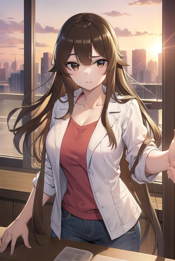 hashiraharumachi, <lora:hashira harumachi manga-lora-nochekaiser:1>,
hashira harumachi, long hair, bangs, brown hair, (brown eyes:1.5),
BREAK shirt, cleavage, collarbone, jacket, white shirt, short sleeves, red jacket, jacket on shoulders,
BREAK indoors, classroom,
BREAK looking at viewer, (cowboy shot:1.5),
BREAK <lyco:GoodHands-beta2:1>, (masterpiece:1.2), best quality, high resolution, unity 8k wallpaper, (illustration:0.8), (beautiful detailed eyes:1.6), extremely detailed face, perfect lighting, extremely detailed CG, (perfect hands, perfect anatomy),