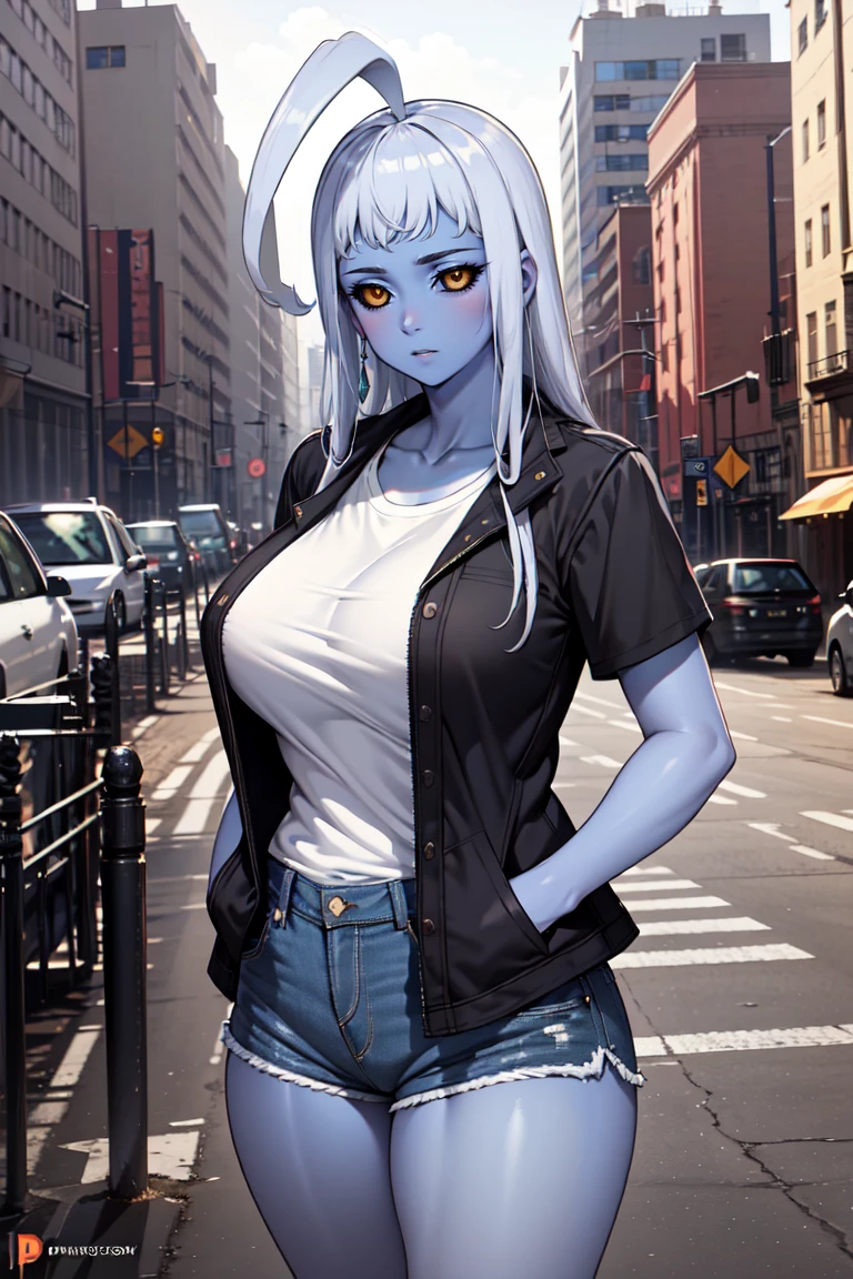 masterpiece, best quality, absurdres, LalaMM, black sclera, colored skin, huge ahoge, t-shirt, denim shorts, standing, outdoors, city, hands in pockets, <lora:LalaMM:1>