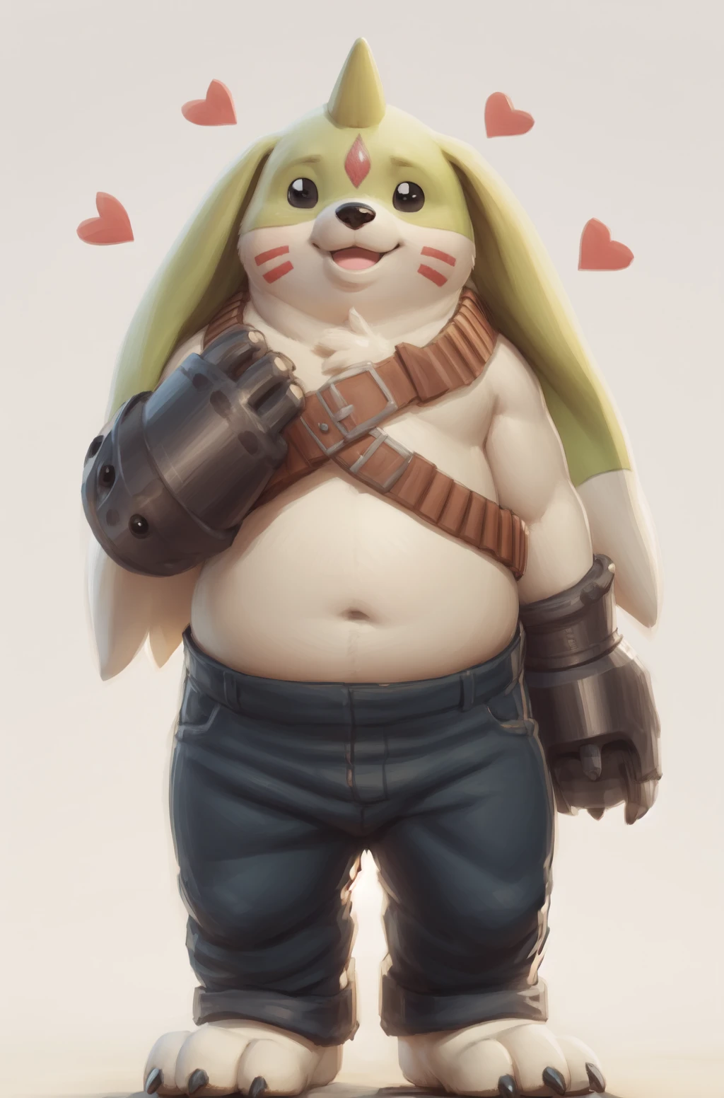 <lora:gargomon-06:0.9>, gargomon, plump, chubby male,  (posing:1.3), (soft shading), 4k, hi res, five fingers, detailed hands, ((detailed face, (black eyes), detailed)), by zackarry911, by zaush, (by personalami:0.5), cute, looking at viewer, smile, simple background, white background, closed mouth, standing, full body, male focus, heart, pants, hand up, no humans, blush stickers, happy, gauntlets, claws, blue pants, white fur, chest belt, gauntlets