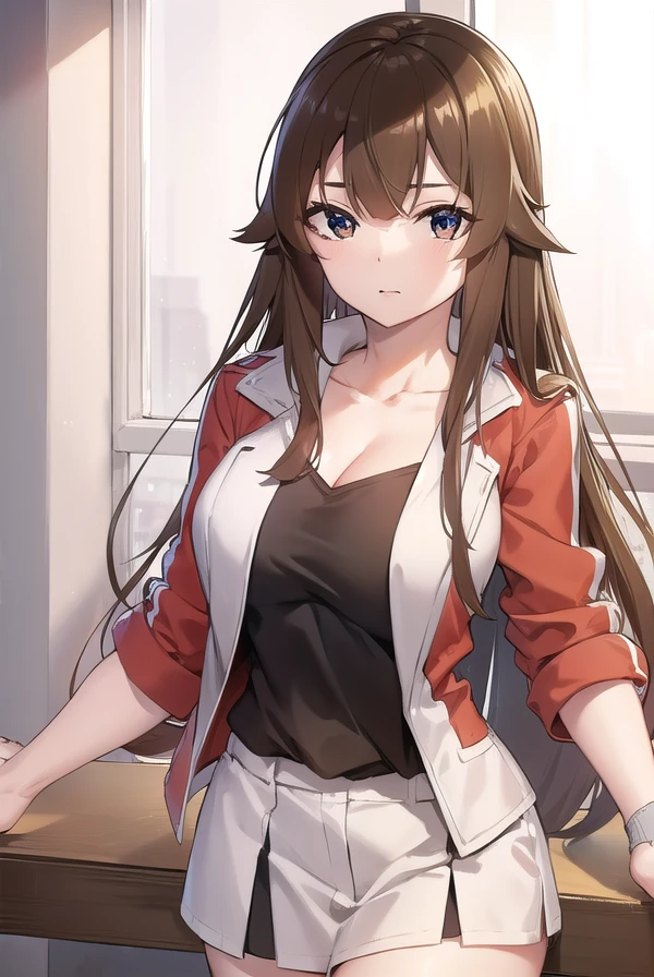 hashiraharumachi, <lora:hashira harumachi manga-lora-nochekaiser:1>,
hashira harumachi, long hair, bangs, brown hair, (brown eyes:1.5),
BREAK shirt, cleavage, collarbone, jacket, white shirt, short sleeves, red jacket, jacket on shoulders,
BREAK indoors, classroom,
BREAK looking at viewer, (cowboy shot:1.5),
BREAK <lyco:GoodHands-beta2:1>, (masterpiece:1.2), best quality, high resolution, unity 8k wallpaper, (illustration:0.8), (beautiful detailed eyes:1.6), extremely detailed face, perfect lighting, extremely detailed CG, (perfect hands, perfect anatomy),