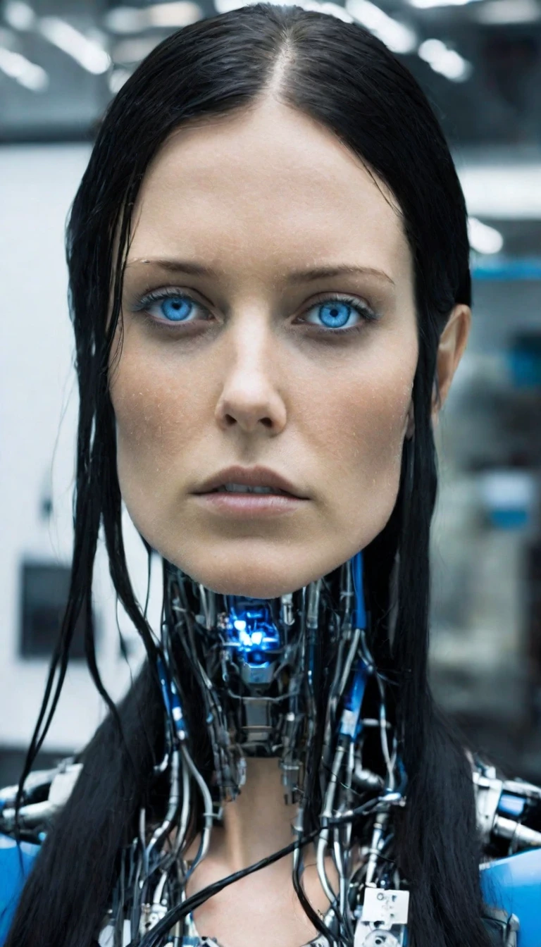 photo of a sweaty damaged female bio mechanical cyborg post human, sweat gliding down her neck, she is sweaty, sweaty cleavage,  (she is standing in a display at a android store being sold, atractive 26 year old with long black hair and blue eyes, sweat droplets, (skin ripped off face robot parts embedded in her skin, bionic eye under torn skin:1.2), (cracked skin, skin ripped open),  Eerie, unsettling, complementary colors, Unsplash, vignette, highly detailed, cinemascope, moody, epic, dark, promotional photoshoot, upcoming movie trailer, sharp focus, hd, photo by ingrid baars