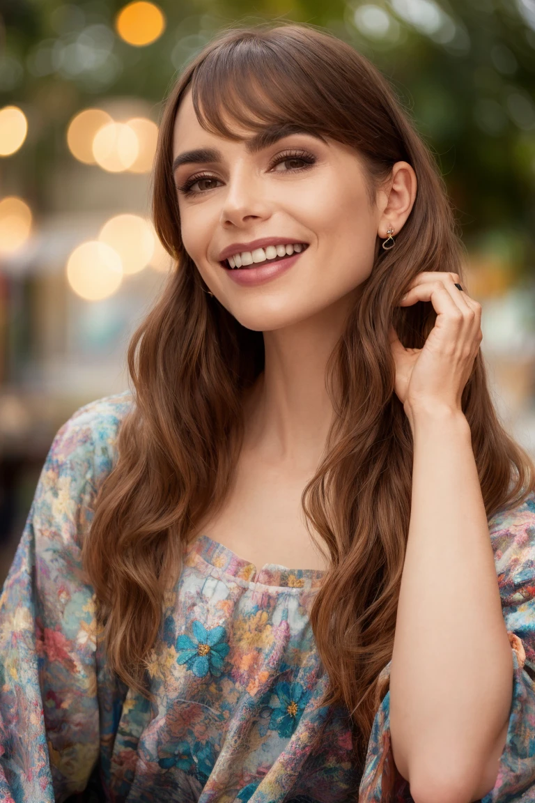 headshot, hippie woman, hippie clothing, smile, bangs, drunk, soft colors, bokeh, masterpiece, high quality, (high detailed skin:1.1)
<lora:lily_collins_lora_v01:1> l1lyco