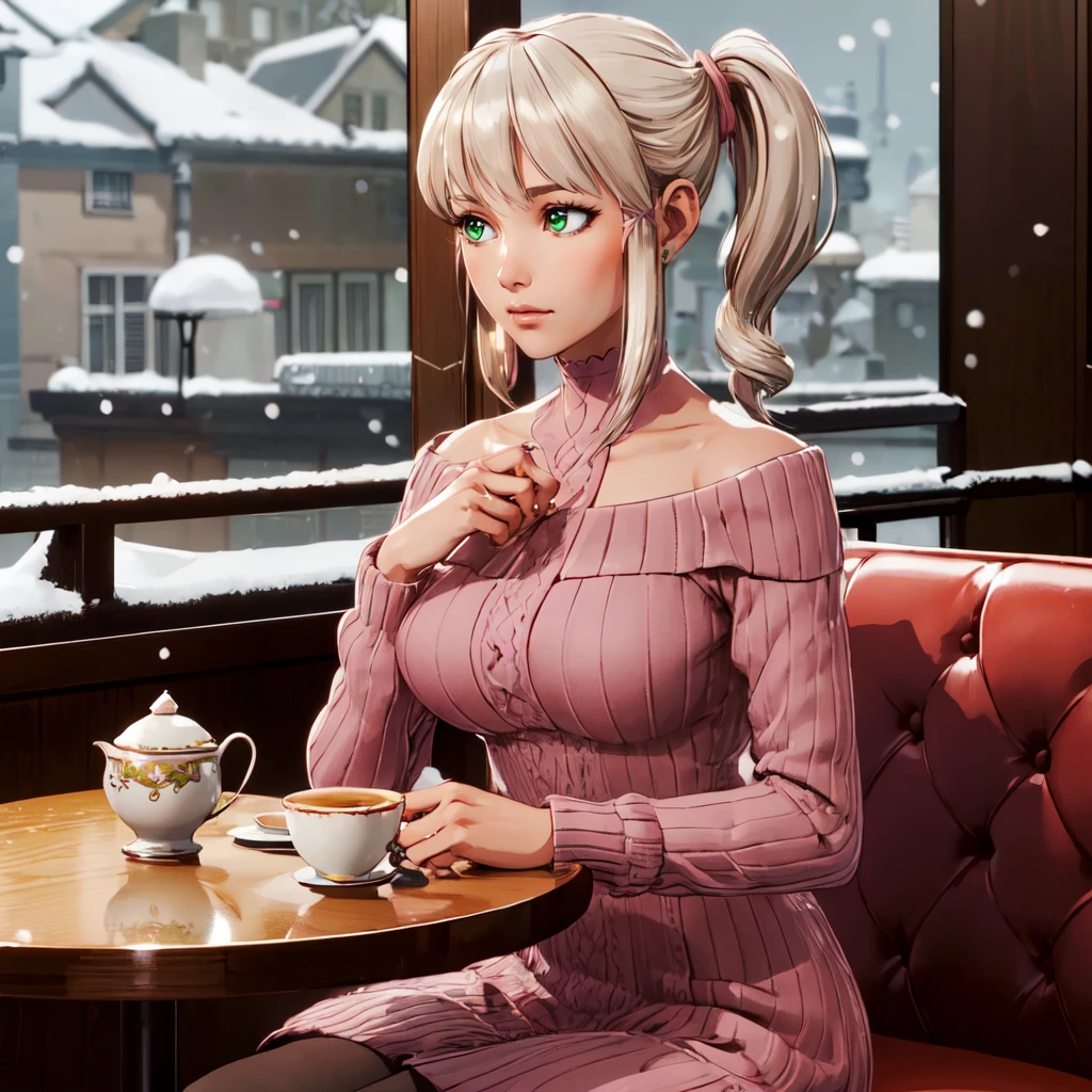 (((a woman sitting in a cafe drinking tea, dark outside, snow))), beautiful eyes, beautiful girl, high detail skin, high detail eyes, high detail hair, highres, ultra detailed, detailed pores, imperfect skin, detailed reflective shiny skin, diffused skin pores,sharpen picture, Highly detailed, masterpiece, best quality, photorealistic, <lora:MinaHarperLoRA:0.6> mina with green eyes and twin ponytails ponytail, pink dress