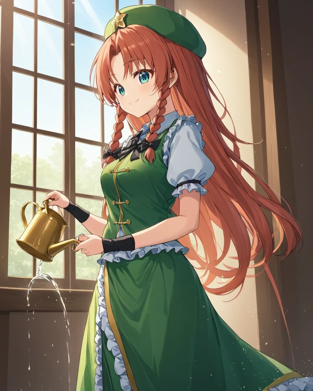 hong meiling,1girl, solo, watering_can, smile, star_\(symbol\), twin_braids, star_hat_ornament, puffy_short_sleeves, side_slit, beret, green_vest, shirt, looking_at_viewer, ribbon, chinese_clothes, black_bow, window, hair_bow, skirt_set, wrist_cuffs, green_headwear, green_skirt, standing, holding, bell, from_side, frills, rose
<lora:hong_meiling_image3632_2023-12-11-000004:1>,star-shaped_pupils,symbol-shaped_pupils,. gorgeous,key visual, vibrant, studio anime,award-winning, professional, highly detailed,high budget, cinemascope