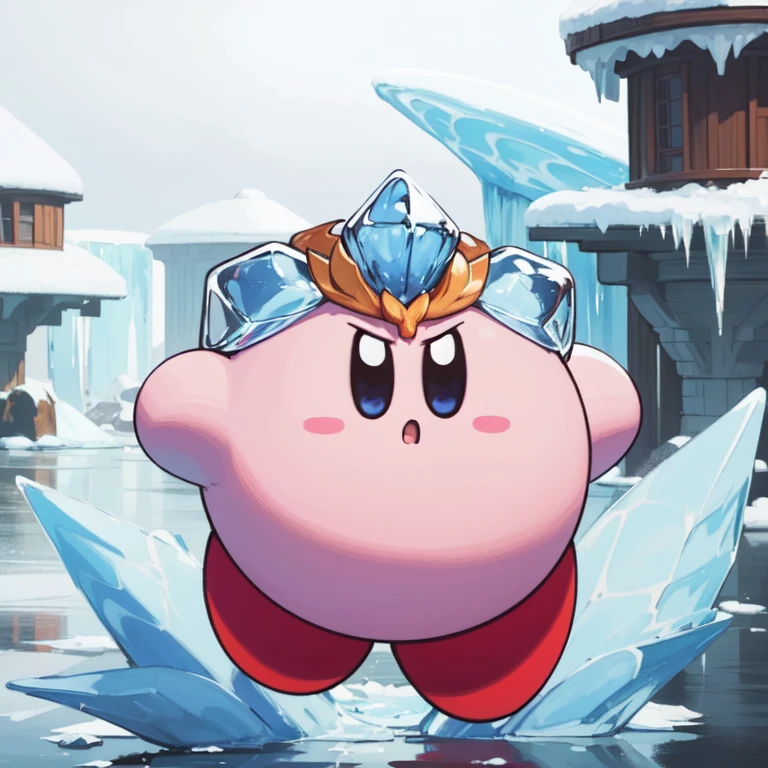 (masterpiece, best quality:1.2) <lora:KirbyV2:1> kirbycopy, (solo focus:1.2), (no humans:1.4), ice kirby, fusion, cosplay, frost surface, serious face, :O