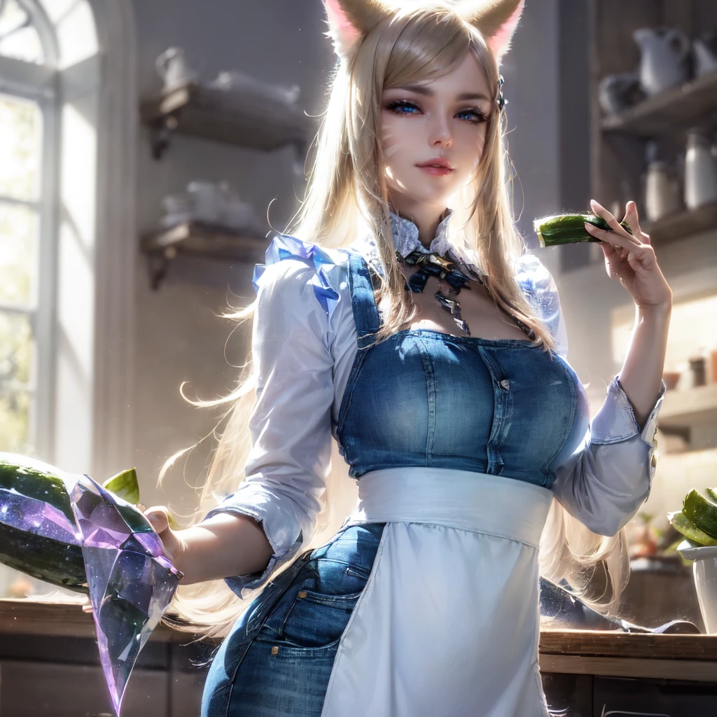 ((a woman in a shirt and apron and jeans standing in the kitchen cutting cucumber on a cutting board with a knife, full body, books in background)), high detail skin, high detail eyes, high detail hair, highres, ultra detailed:1.2, detailed pores, imperfect skin:1.2, detailed reflective shiny skin, diffused skin pores, sharpen picture, Highly detailed,masterpiece, best quality,     <lora:KDA_Ahriv2LoRA:1> kdaahri with blonde long hair, cat ears and crystal like tail wearing kdaoutfit,