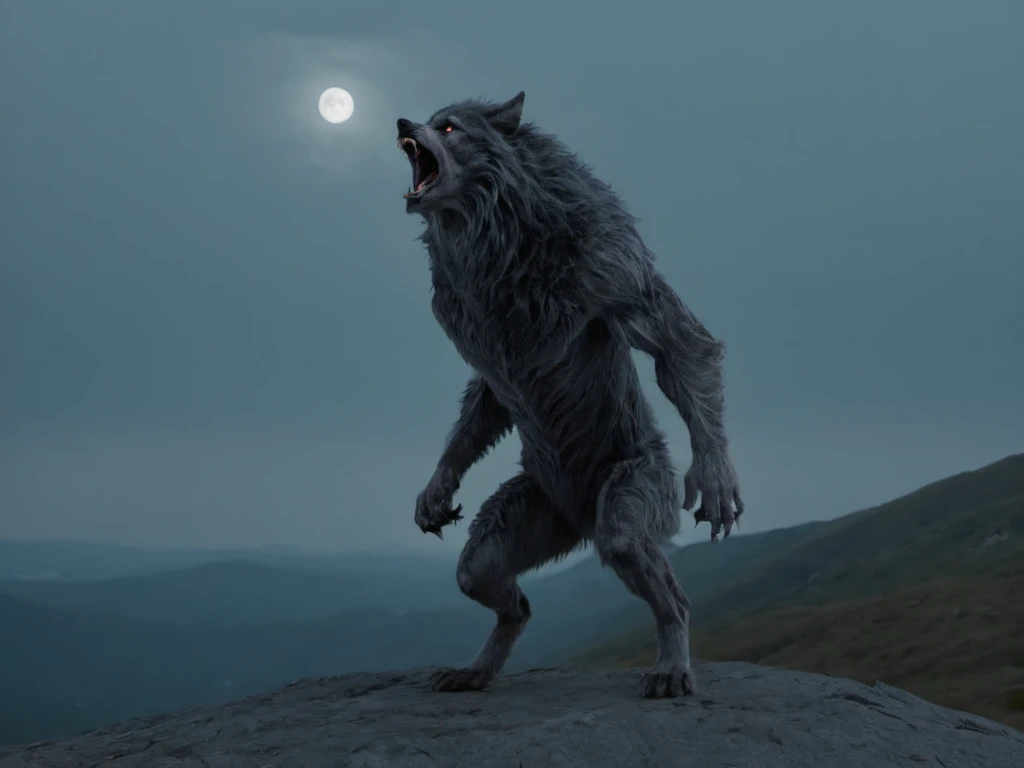 Standing majestically on a hill howling at the full moon, a cinematic shot with the Sony A7S III, a modern-werewolf distinguished by its powerful bipedal stance and sleek grey fur. <lora:Modern_Werewolf:1>