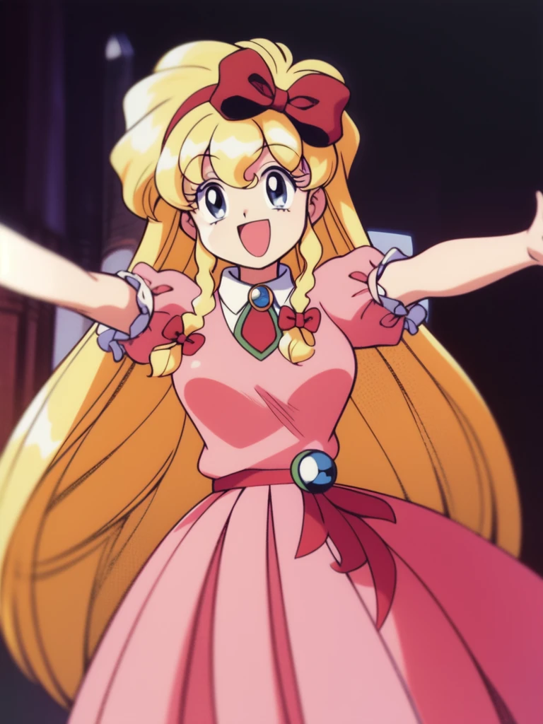 <lora:Maria_Renard:1> MariaRenard, 1girl, blonde hair, very_long_hair,  voluminous hair, dress, solo, blue eyes, pink dress, braid, long hair, bow, twin braids, open mouth, hair bow, smile, puffy sleeves, jewelry, short sleeves, puffy short sleeves, red bow, brooch, castle, looking at viewer, hairband, :d, retro artstyle, ribbon, outstretched arms,
masterpiece, high quality, very_high_resolution, large_filesize, full color,ã1990s \(style\), anime, anime_screencap, animated gif, mp4 ,video, animated,
