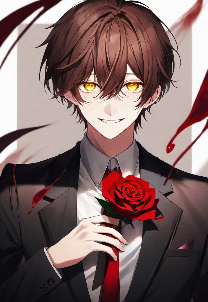 a young man with Brown hair and a red tie, in a black suit and with a red rose in his hand.. background dark, smoky atmosphere with hints of green and purple. The overall mood of the image is creepy and mysterious., depth of field, Cinematic compositions, Better lighting, One, 1 boy, male focus, blood, Brown hair, yellow eyes, blood on face, smile