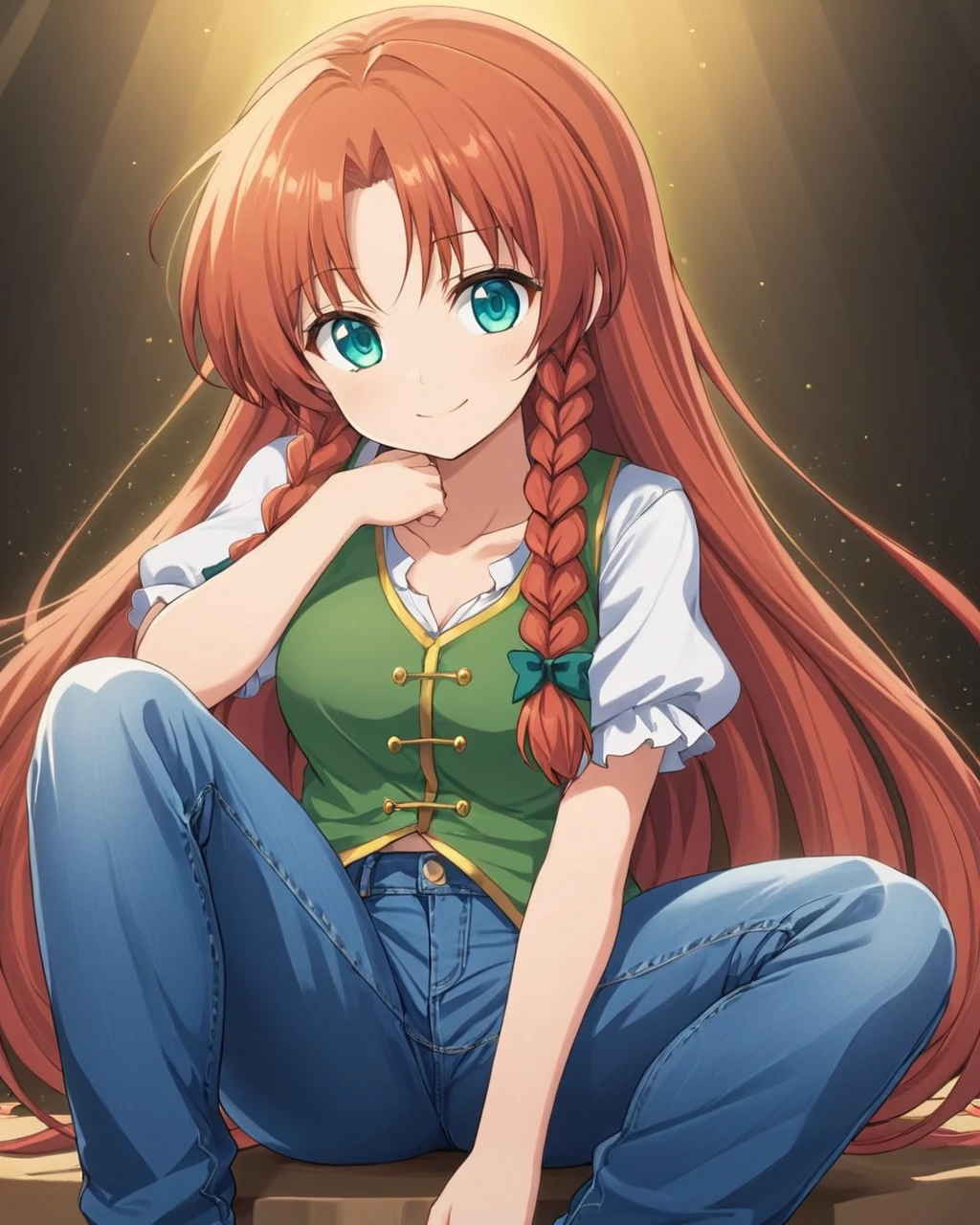 hong meiling,1girl, solo, twin_braids, jeans, casual, contemporary, smile, alternate_costume, sitting
<lora:hong_meiling_image3632_2023-12-11-000004:1>,star-shaped_pupils,symbol-shaped_pupils,. gorgeous,key visual, vibrant, studio anime,award-winning, professional, highly detailed,high budget, cinemascope