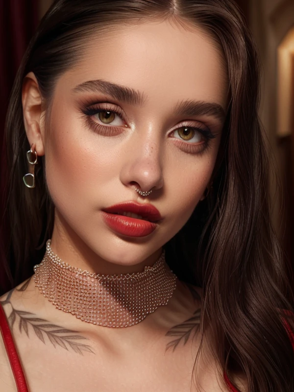 gquality, <lora:maria-10:1> maria, 1girl, solo, looking at viewer, earrings, parted lips, choker, portrait, realistic, red lips, lipstick, makeup