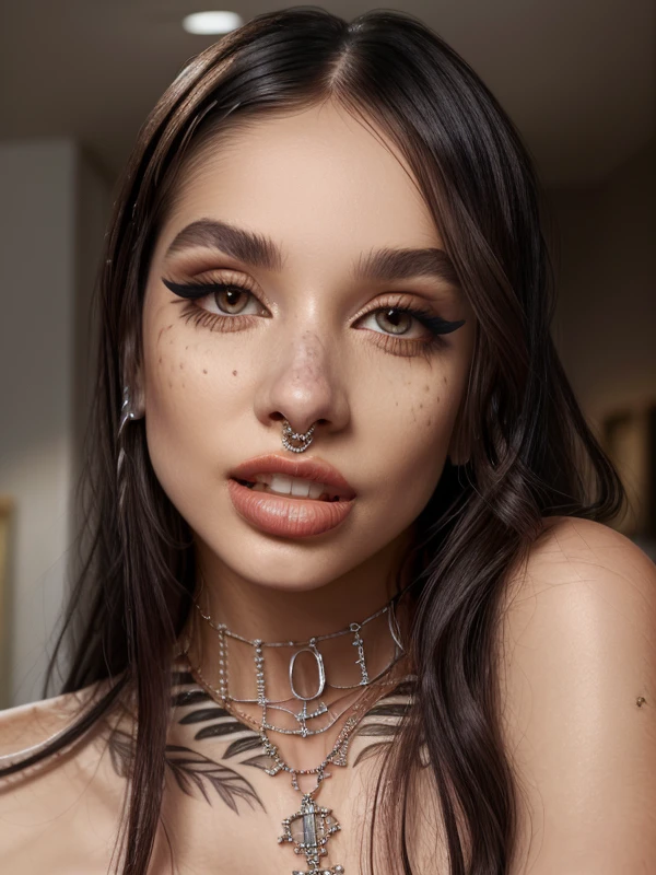 gquality, <lora:maria-10:1> maria, 1girl, solo, looking at viewer, black hair, parted lips, teeth, portrait, realistic, nose piercing, eyeshadow, makeup, eyeliner, jewelry, necklace