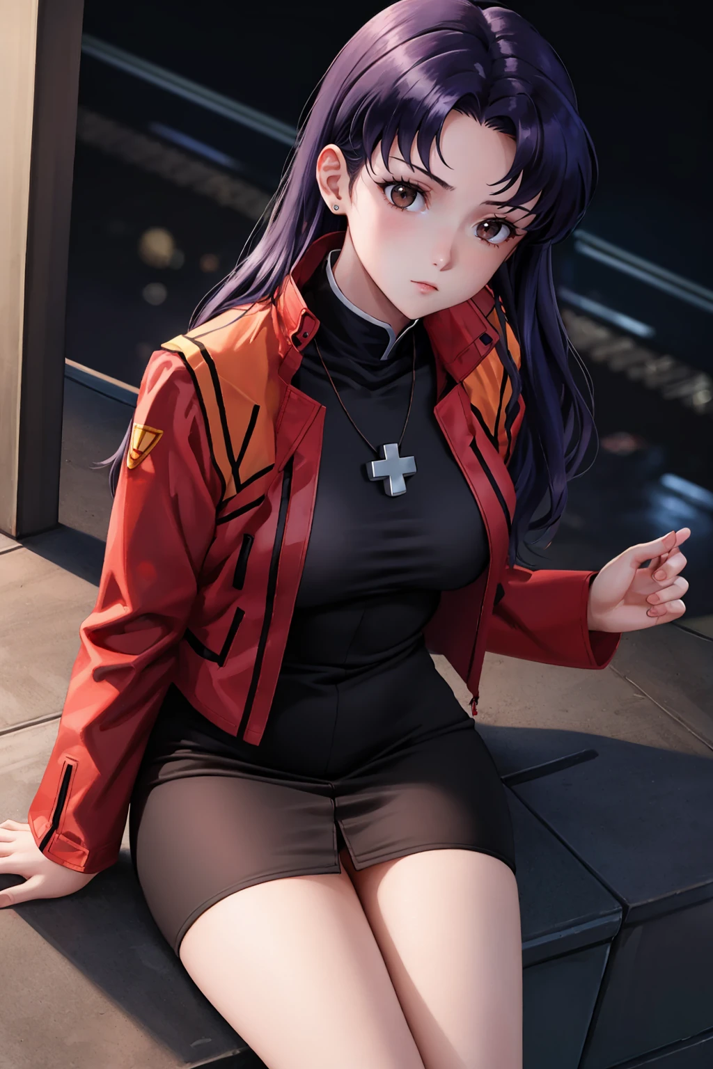 1womanl, attire: Black Bodycon,middlebreast、 short black tight dress, (((brown-eyed))), Purple hair, Medium Hair, a smile, cross necklace, tall, Slim body, (nffsw), (((Misato katsuragi))), NERV、Operation control room, (((Front view))), Looking at Viewer, Perfectly detailed face, fully detailed hands and fingers, Masterpiece 1.1, Trending on ArtStation, pixiv quality, (((fine art:chin))), Intricately detailed, ultra graphics, SFW version, (((Mature 1.1))), attire: jacker, Red jacket, Symmetrical face、