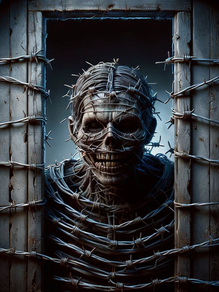 scarecrow closeup wearing ral-barbwire, standing in a barn door, dim dark backlight, horror theme, dark grim light, scary horror movie poster <lora:ral-barbwire:1>