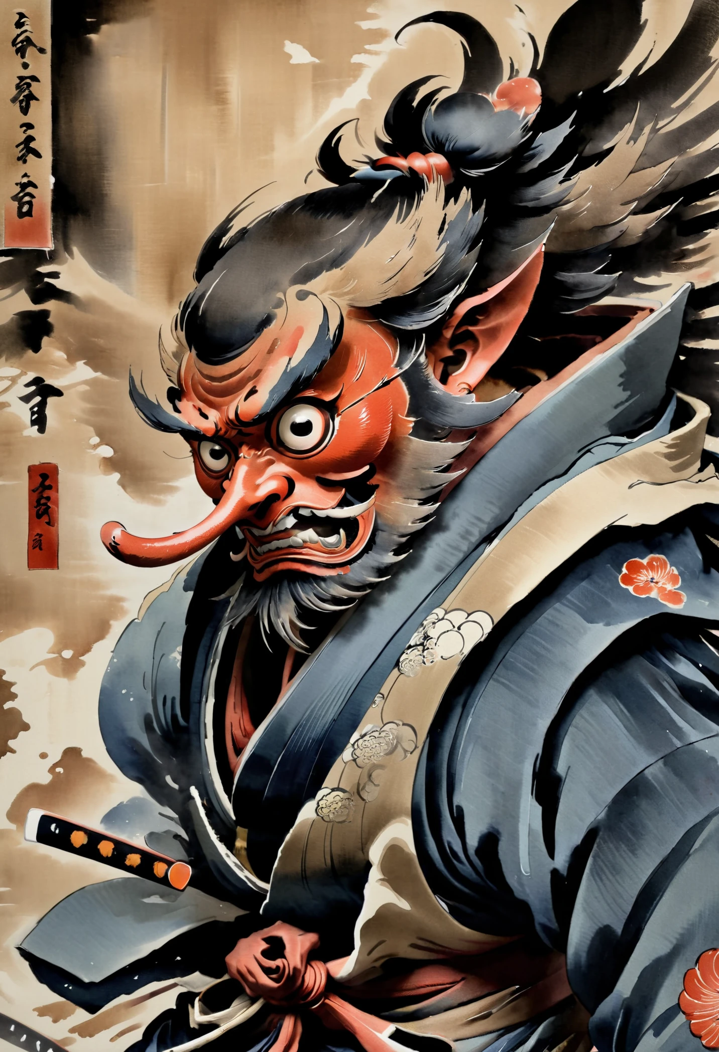 Japanese painting, ukiyo-e, tengu with long red nose, konoha, knhtng, dynamic pose, art by Yoji Shinkawa, masterpiece, 8k