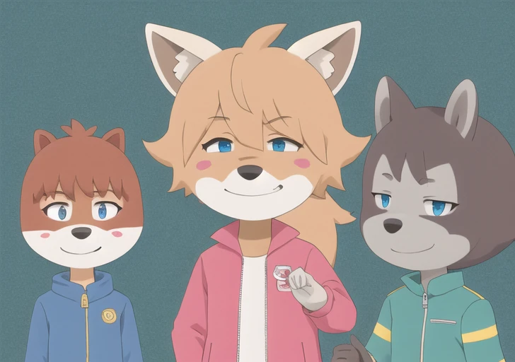<lora:oddtaxi-08:0.7>1girl, looking at viewer, smile, short hair, bangs, blue eyes, simple background, brown hair, shirt, long sleeves, hat, animal ears, closed mouth, jacket, closed eyes, white shirt, upper body, multiple boys, teeth, collared shirt, hand up, grin, ^_^, parody, blush stickers, half-closed eyes, happy, wolf ears, 3boys, blue jacket, clenched hand, facing viewer, red jacket, furry, green background, track jacket, pink jacket, furry male, body fur, flat color, snout