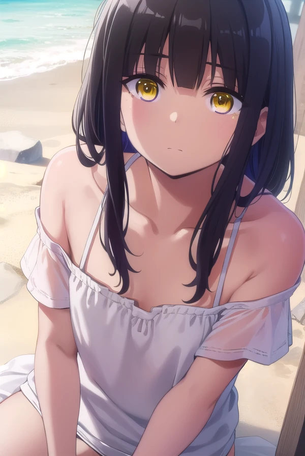 narumitooi, <lora:narumi tooi anime s1-lora-nochekaiser:1>,
narumi tooi, long hair, black hair, (yellow eyes:1.3), bangs, blunt bangs, (flat chest:1.2),
BREAK shirt, white shirt, off shoulder, short sleeves, collarbone, bra strap,
BREAK outdoors, beach,
BREAK looking at viewer,
BREAK <lyco:GoodHands-beta2:1>, (masterpiece:1.2), best quality, high resolution, unity 8k wallpaper, (illustration:0.8), (beautiful detailed eyes:1.6), extremely detailed face, perfect lighting, extremely detailed CG, (perfect hands, perfect anatomy),