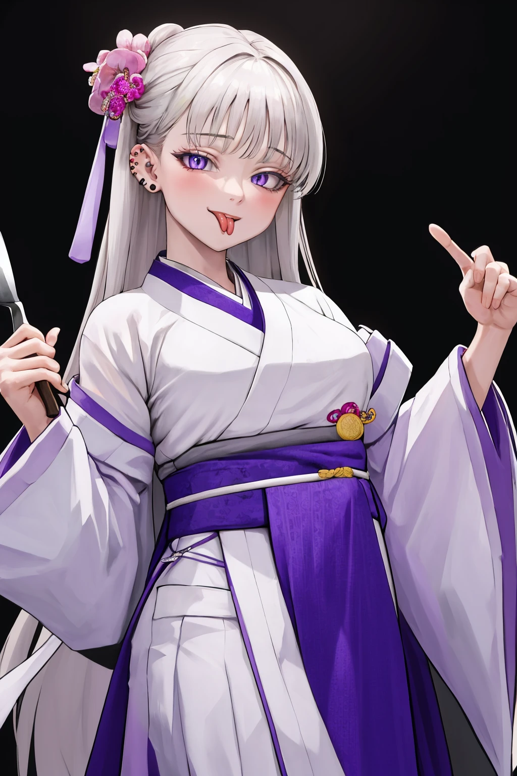 masterpiece, best quality, 1girl, solo, <lora:cheona-lo-richy-v1:1> cheonarnd, ear piercing, (hanbok:1.3), forked tongue, tongue out, purple eyes, slit pupils