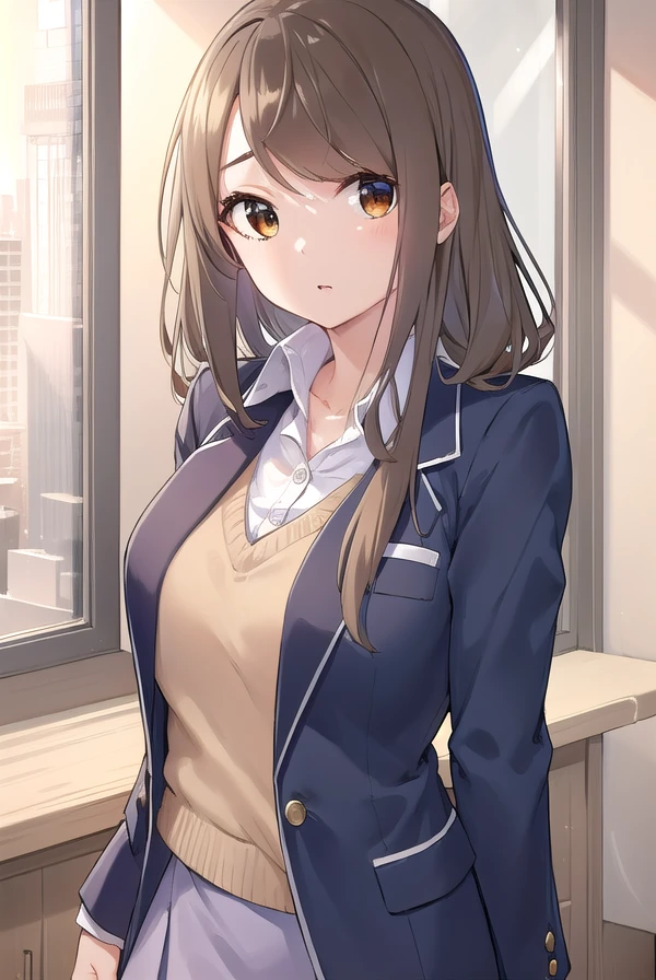 mayaakitsu, <lora:maya akitsu manga-lora-nochekaiser:1>,
maya akitsu, long hair, bangs, brown hair, (brown eyes:1.5),
BREAK skirt, shirt, long sleeves, cleavage, school uniform, collarbone, jacket, white shirt, pleated skirt, open clothes, collared shirt, sweater, open jacket, black jacket, blazer, blue jacket, grey skirt, brown sweater,
BREAK indoors, classroom,
BREAK looking at viewer, (cowboy shot:1.5),
BREAK <lyco:GoodHands-beta2:1>, (masterpiece:1.2), best quality, high resolution, unity 8k wallpaper, (illustration:0.8), (beautiful detailed eyes:1.6), extremely detailed face, perfect lighting, extremely detailed CG, (perfect hands, perfect anatomy),