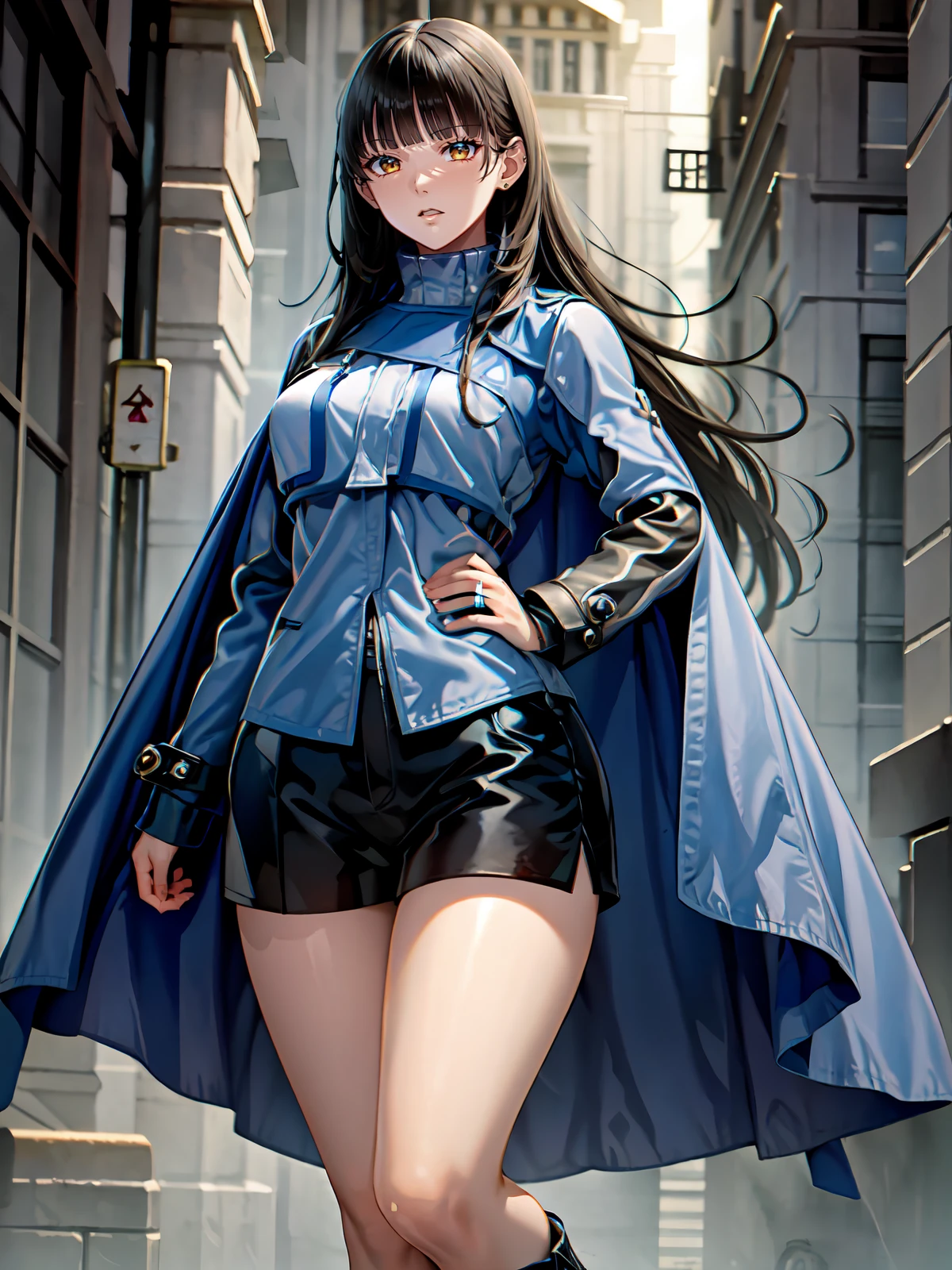 (extremely detailed CG), (best quality), perfect face, shiny skin, lustrous skin, solo narrow waist, wide hips  <lora:RinnieKudo-10:0.8>rinniekudo, long hair, bangs, black hair, long sleeves, jewelry, jacket, black skirt, cape, ring, shorts, black shorts, blunt bangs, boots