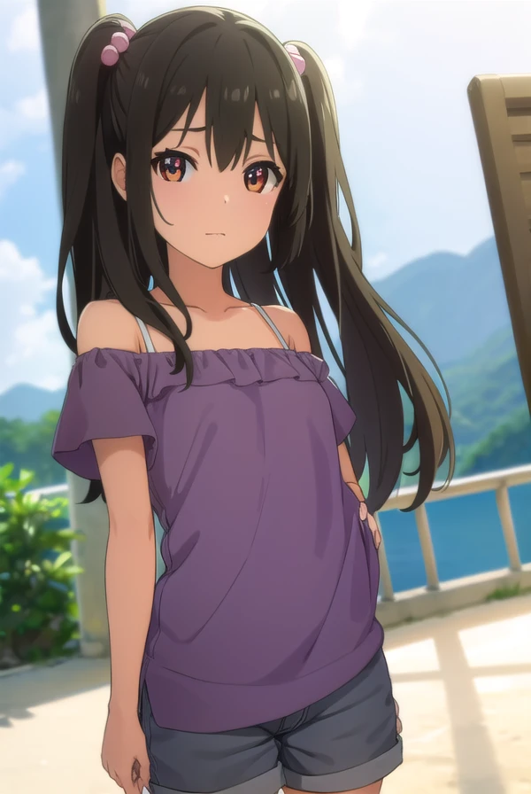 tenkaadachi, <lora:tenka adachi ova-lora-nochekaiser:1>,
tenka adachi, black hair, (brown eyes:1.3), side ponytail, long hair, hair bobbles,
BREAK shorts, off shoulder, dress, purple dress,
BREAK outdoors,
BREAK looking at viewer, (cowboy shot:1.5),
BREAK <lyco:GoodHands-beta2:1>, (masterpiece:1.2), best quality, high resolution, unity 8k wallpaper, (illustration:0.8), (beautiful detailed eyes:1.6), extremely detailed face, perfect lighting, extremely detailed CG, (perfect hands, perfect anatomy),
