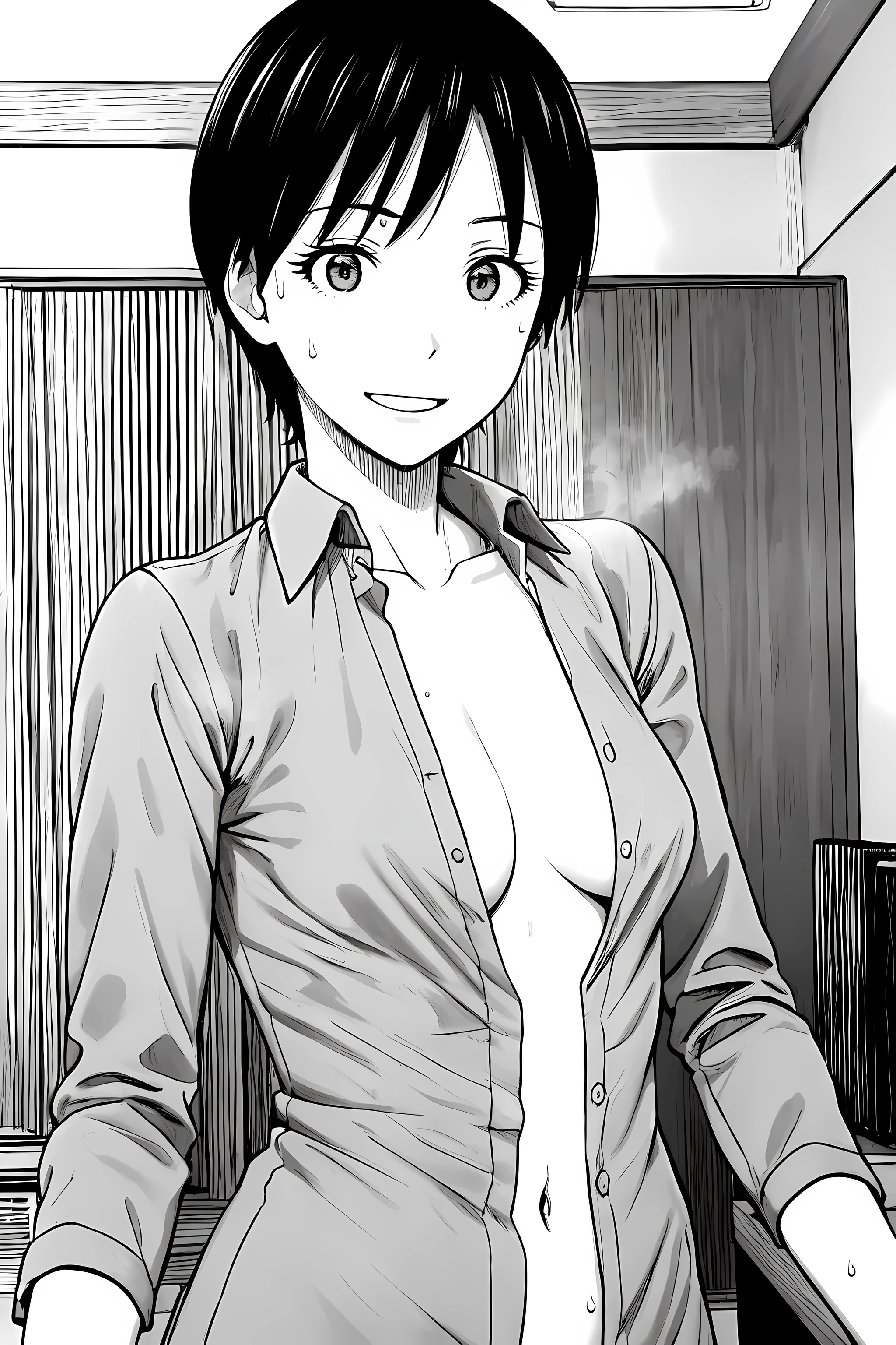 (masterpiece, best quality:1.2), highres, greyscale, monochrome, 1girl, solo, smile, parted lips, sweat, steaming body, 
MiuraMom_V1, medium breasts,
dress shirt, long sleeves, collarbone, open shirt, no bra, navel, 
indoor, straight-on, looking at viewer,
<lora:add_detail_CyberAlchemist:0.4>, <lora:GoodHands-beta2:0.8>, <lora:MiuraMomV1:0.95>