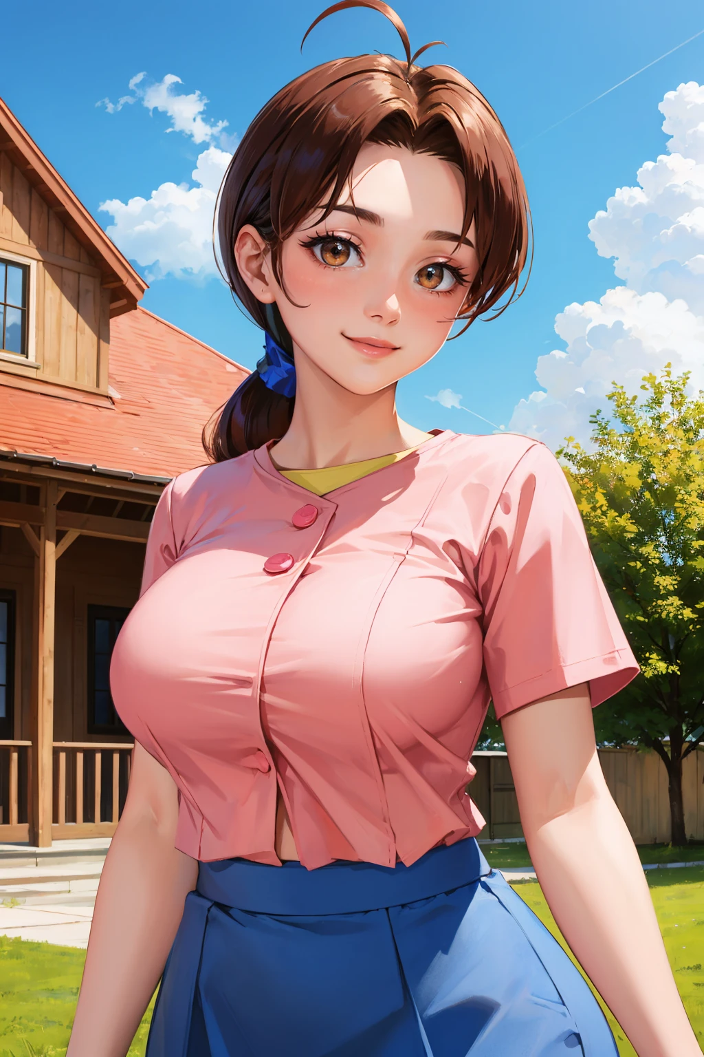 masterpiece, best quality, pkmnDelia, ponytail, pink shirt, ((microo-blue skirt)), pantyhose,smile, upper body, large breasts, house, blue sky, clouds, lawn, looking at viewer,ponytail, pink shirt, blue skirt,full body,((wide hips))