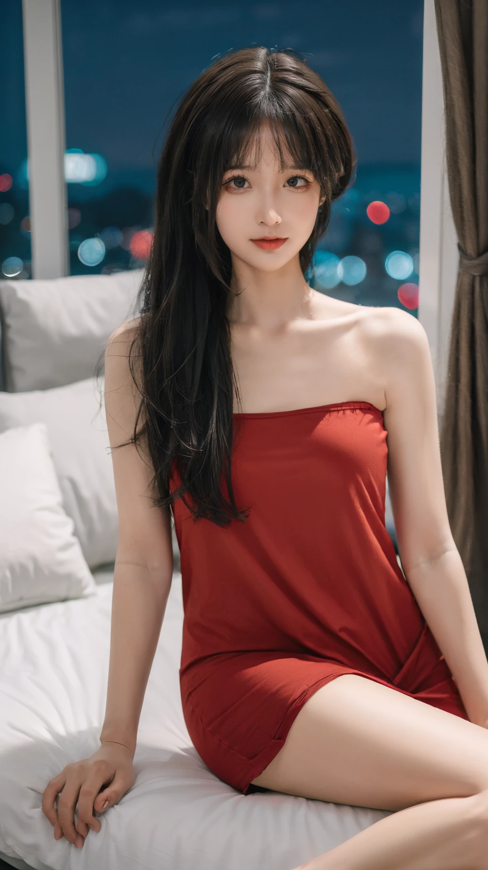 Gorgeus Girl, Beautiful, Baby Face, 20 Years Old, White Skin, Beside, Sexy Pose, red nightgown, Blue Eye, Bokeh, bedroom Background, Masterpiece, asking for a hug, full body Shot, open arms, night city