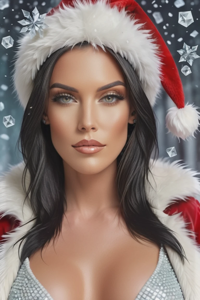 ashley_rogers_model
 diamond gemstones, santa hat, santa coat (8k, RAW photo, highest quality), hyperrealistic, sexy, white body suit, hauntingly beautiful illustrations, fairytale-inspired, winter frozen crystals background, blurry background
 <lora:ReaLora:.7>
 <lora:ashley_rogers_model:1> <lora:dark_fantasy_art:1>