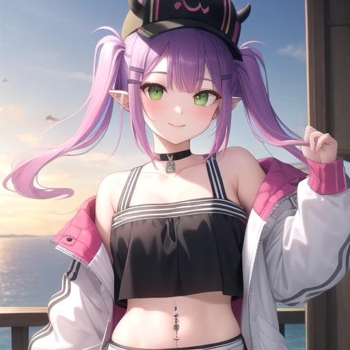 ((best quality, Masterpiece, Complete anatomy, Detailed pictures)), 1 female, arctic protogen, shark girl, Long visor, purple visor, purple eyes, sexy body, Big Pong, Chest 87, Waist 57, Thigh 86, naked, Shark tail, red red, shy, in the sea, Denim short, white bra, shorts, Stick out your tongue and drool.
