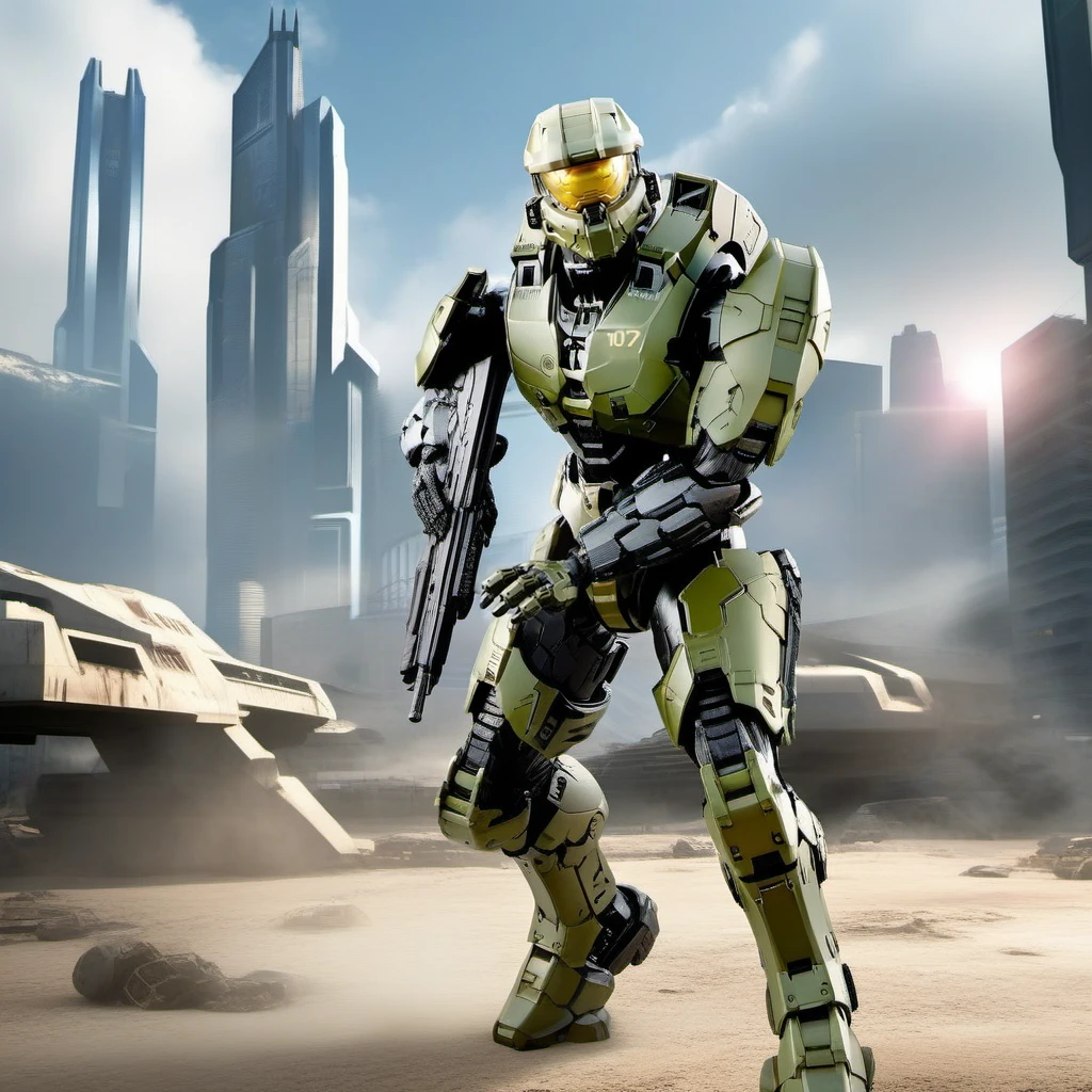 Halo1024, a robot soldier, full body, war , post apocalyptic city, highly detailed, photography, ultra sharp, film, bokeh, professional, 64k <lora:Halo1024-000140:0.8>