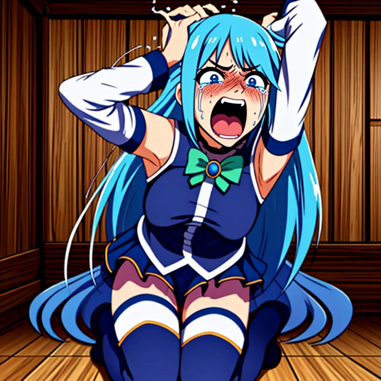 <lora:LCM_LoRA_Weights_SD15:1>,masterpiece,best quality,highly detailed,1girl,solo,scared,panicking,constricted pupils,screaming,raised eyebrows,wide-eyed,crying,tears,
<lora:aqua_konosuba-000035:0.7>,aqua \(konosuba\),1girl,blue eyes,blue hair,breasts,bubble,detached sleeves,hair ornament,hair rings,long hair,single hair ring,
BREAK
<lora:malevolentFaceEnd:0.4>,crying,frown,screaming,tearing up,trembeling,uvula,arms up,(((emphasis lines,@ @, wide-eyed,constricted pupils,streaming tears,crazy eyes))),leaning back,full-face blush,office,office floor,upper body, close-up,