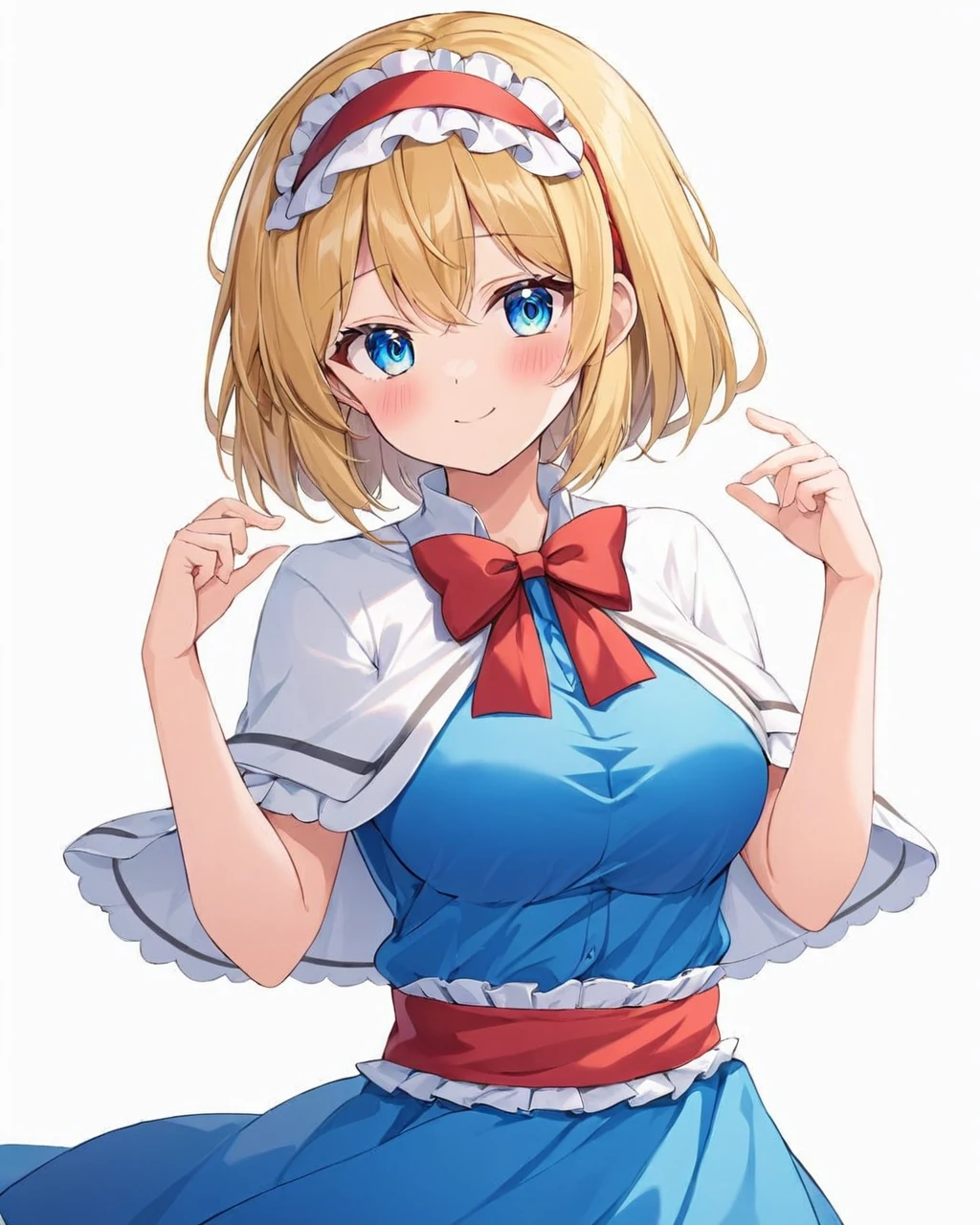 alice margatroid,1girl, solo, white_background, white_capelet, blue_dress, long_sleeves, smile, simple_background, red_hairband, ta_hairband, facing_viewer, closed_mouth, breasts, blush, red_bowtie, sash, white_shirt, cowboy_shot, frilled_hairband, hand_up, ^_^
<lora:alice_margatroid_image3379_2023-12-11-000006:1>,star-shaped_pupils,symbol-shaped_pupils,. gorgeous,key visual, vibrant, studio anime,award-winning, professional, highly detailed,high budget, cinemascope