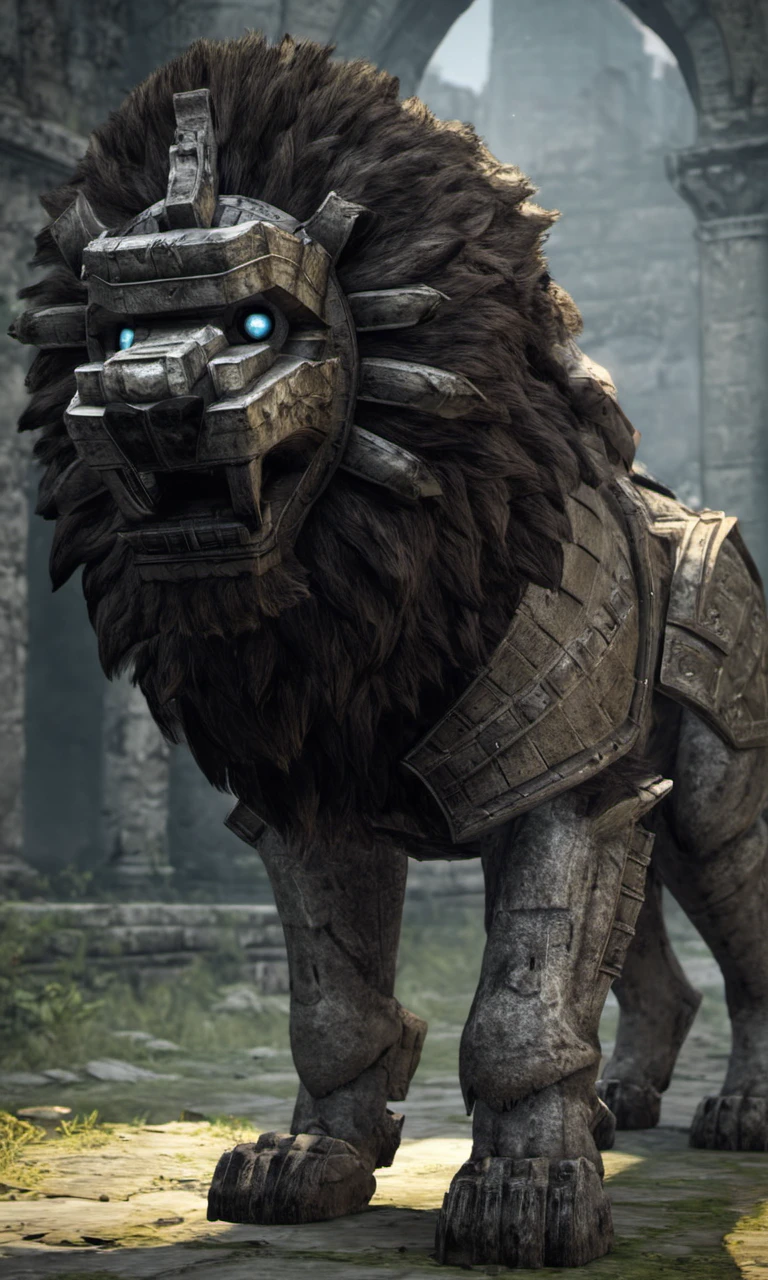 <lora:shadowofthecolossus-000004:0.7>,sotc,large lion,armor,furry,mask, in the ruins,size difference,epic,masterpiece,cinematic,50nm dof,bokeh,realistic,sharp focus,ultra detailed,128k uhd,awardwinning,trending on artstation,giant,oversized