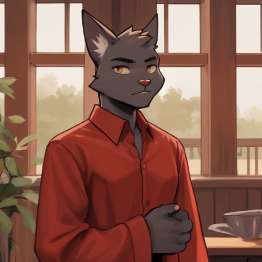 masterpiece, detailed, <lora:narinder:0.8>, narinder, furry, solo, cat boy, long sleeves, red shirt, long shirt