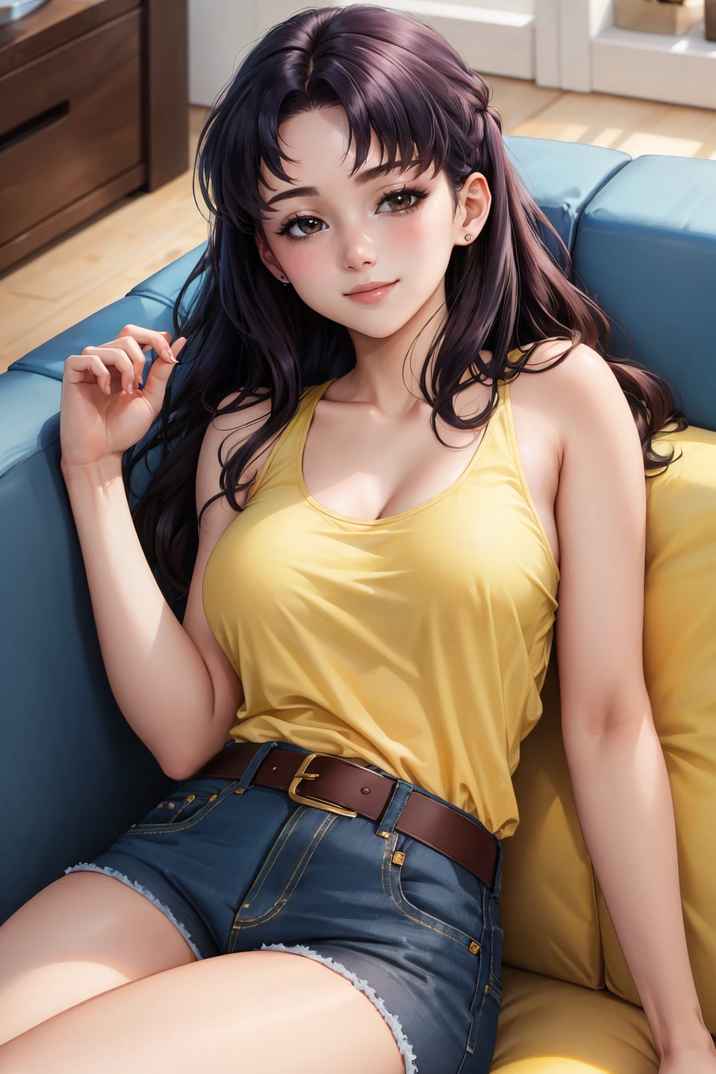 masterpiece, best quality, <lora:misato-nvwls-v1-000010:0.9> misato, black eyes, parted bangs, long hair, earrings, yellow tank top, belt, denim shorts, large breasts, sleeping, blush, smile, couch, sitting, lying on side
