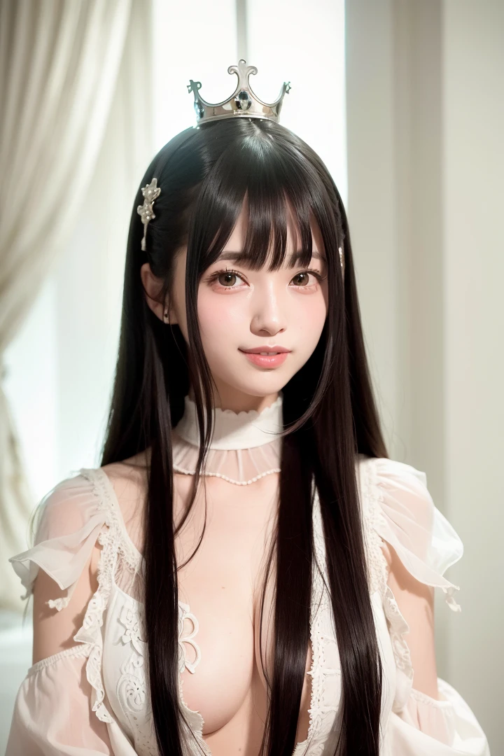 1girl,solo,(lewd smile:1.2),long_hair,straight hair,looking_at_viewer,bangs,princess royale,crown,palace,<lora:77_kuroki:1>,