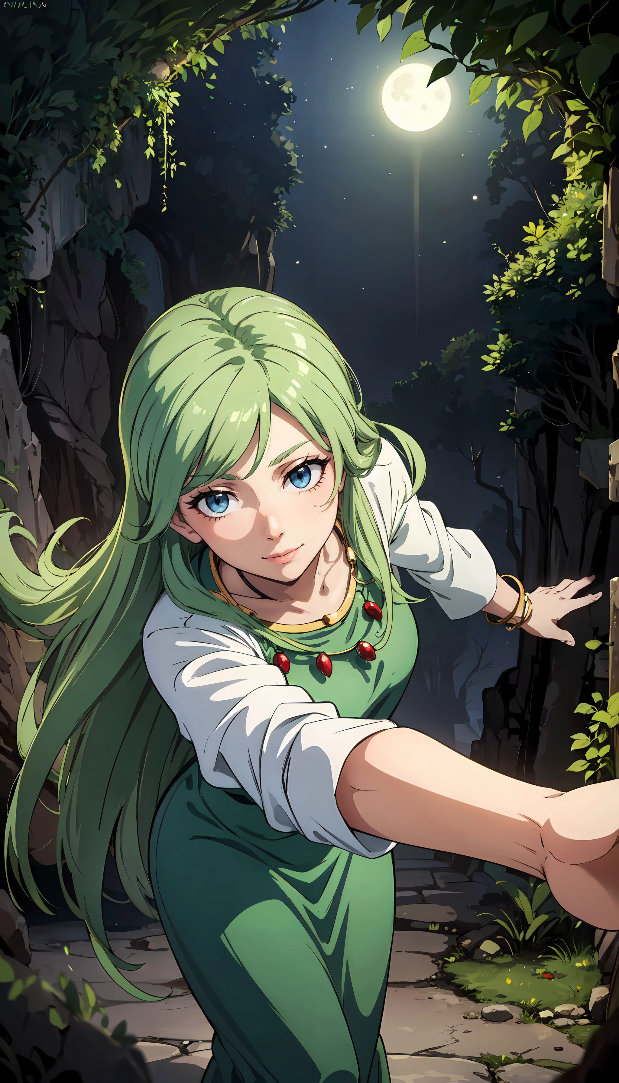photorealistic, (4k), depth of field, (Masterpiece), (realistic skin texture), extremely detailed, intricate, hyper detailed, professional photography, bokeh, high resolution, sharp detail, best quality, woman, green dress, long dress, white sleeves, long hair, green hair, blue eyes, red necklace, (twirling pose:1.2), dynamic pose, <lora:Treyni-000002:0.7> , (hidden grotto:1.5), moonlight from above, stary sky, (nighttime:1.3), (low fog:1.3),