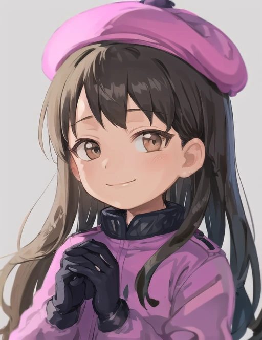 <lora:wendysouthpark-08:0.7> wendysouthpark, 1girl, solo, looking at viewer, smile, bangs, brown hair, gloves, long sleeves, hat, brown eyes, closed mouth, jacket, upper body, black gloves, beret, own hands together, pink headwear