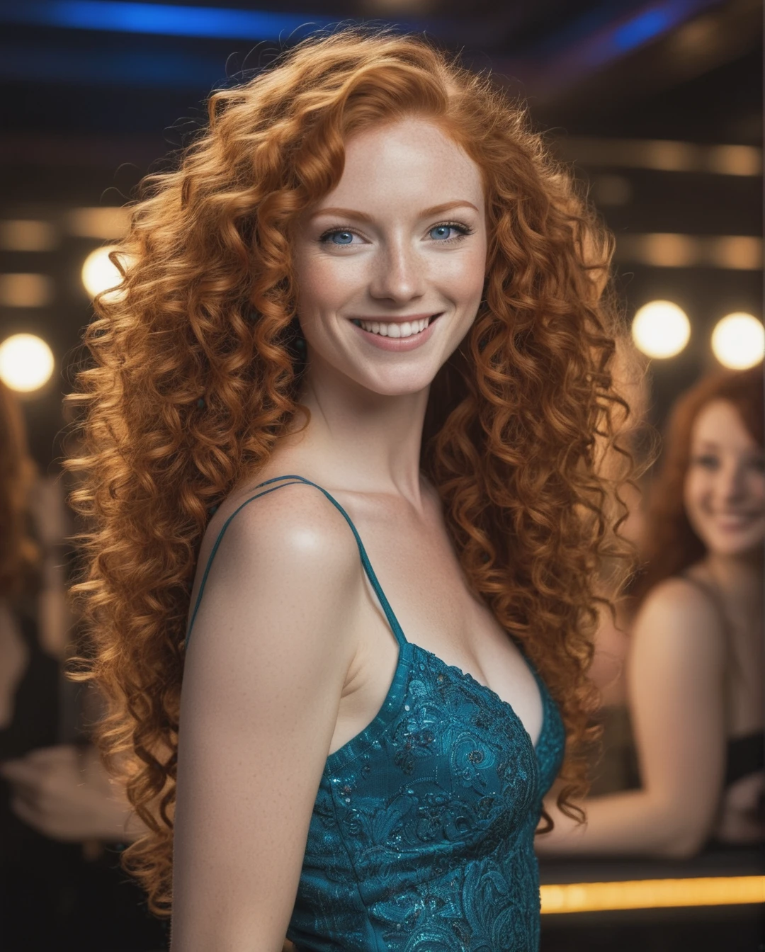 (redhead|ginger hair), blue eyes, curly hair, smiling, fit, slim, in nightclub, best quality, highly detailed, intricate details, happy