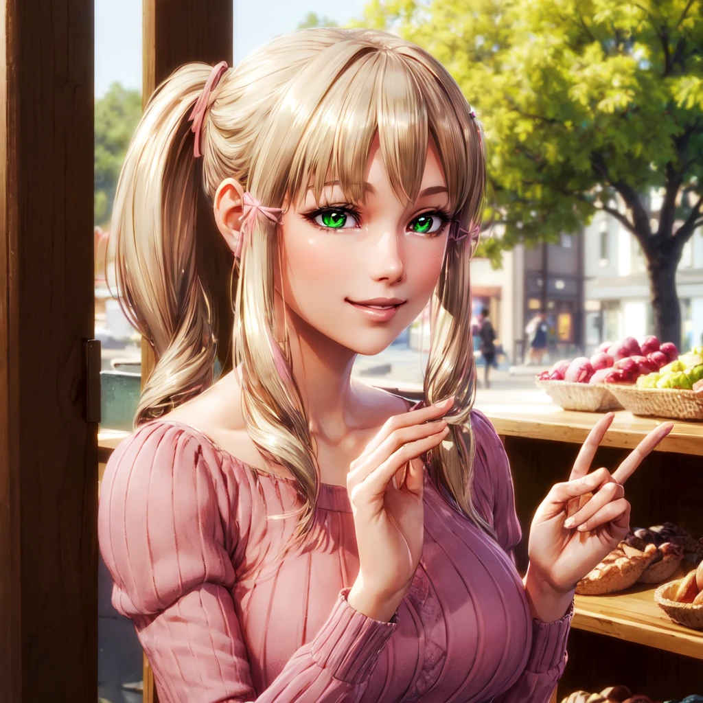 (((a woman standing in a shop, cute smile, daydreaming, touching lips, trees in background, upper body))), beautiful eyes, beautiful girl, high detail skin, high detail eyes, high detail hair, highres, ultra detailed, detailed pores, imperfect skin, detailed reflective shiny skin, diffused skin pores,sharpen picture, Highly detailed, masterpiece, best quality, photorealistic, <lora:MinaHarperLoRA:0.6> mina with green eyes and twin ponytails ponytail, pink dress