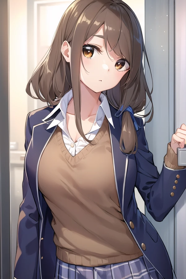 mayaakitsu, <lora:maya akitsu manga-lora-nochekaiser:1>,
maya akitsu, long hair, bangs, brown hair, (brown eyes:1.5),
BREAK skirt, shirt, long sleeves, cleavage, school uniform, collarbone, jacket, white shirt, pleated skirt, open clothes, collared shirt, sweater, open jacket, black jacket, blazer, blue jacket, grey skirt, brown sweater,
BREAK indoors, classroom,
BREAK looking at viewer, (cowboy shot:1.5),
BREAK <lyco:GoodHands-beta2:1>, (masterpiece:1.2), best quality, high resolution, unity 8k wallpaper, (illustration:0.8), (beautiful detailed eyes:1.6), extremely detailed face, perfect lighting, extremely detailed CG, (perfect hands, perfect anatomy),