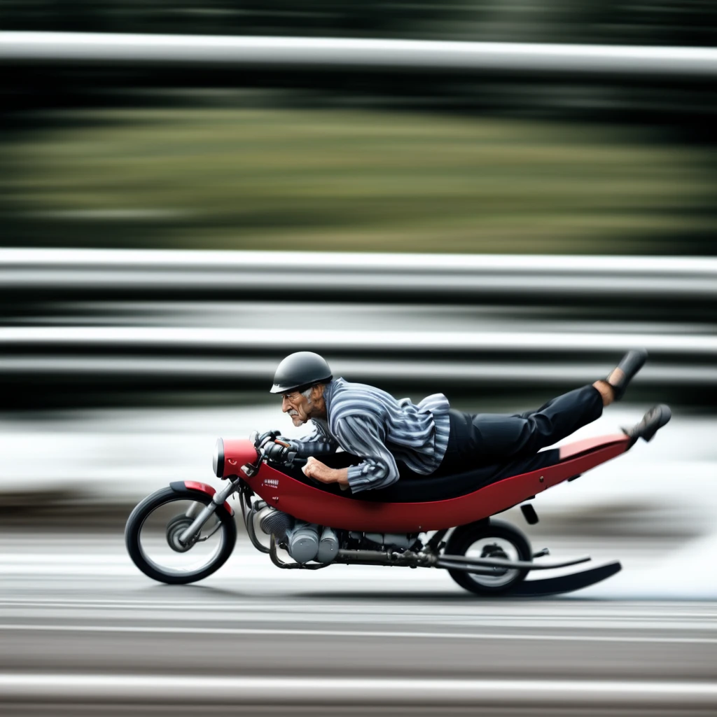 <lora:Toboggan_v1:0.5>, old man, outdoors, blurry, from side, blurry background, vertical stripes, jumping, motion blur, realistic, riding, KMNR, toboggan, helmet, on stomach