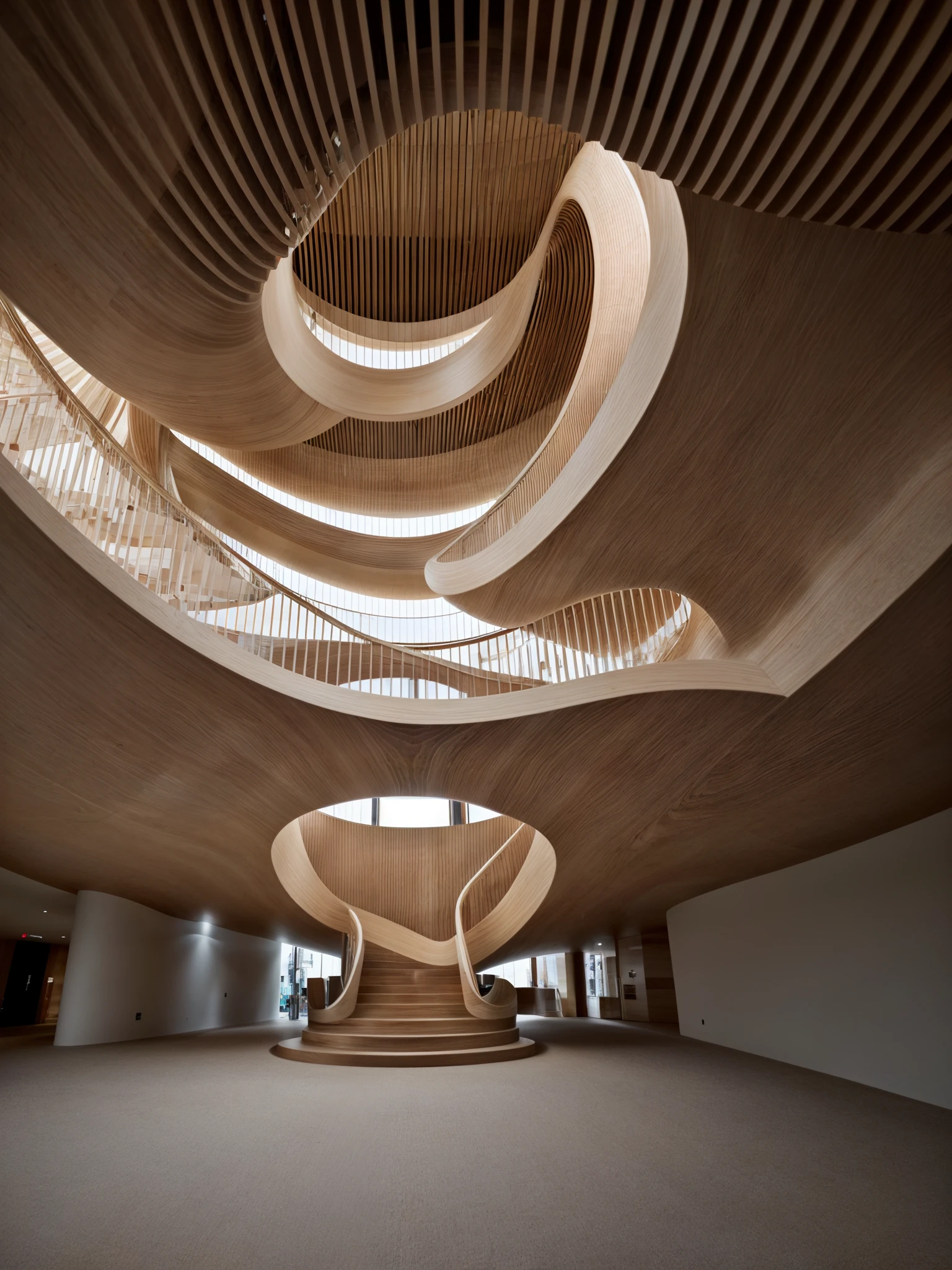<lora:Arc_v5:0.68>, RAW photo, (curvy raw sculptural timber spiral staircase), beautiful composition, detailed design, curvilinear, Tokyo city center, ((retro futurism style)), white sky, cinematic lighting, (diffused light:1), fog, architecture photography, hyper realistic, super detailed, 8k, Nikon Z6 Mirrorless Camera, film grain