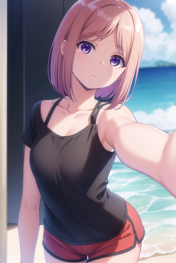 ayasatachibana, <lora:ayasa tachibana anime s1-lora-nochekaiser:1>, 
ayasa tachibana, brown hair, purple eyes, pink hair, short hair,
BREAK shirt, collarbone, short sleeves, shorts, black shirt, t-shirt, red shorts, dolphin shorts,
BREAK outdoors, beach,
BREAK looking at viewer,
BREAK <lyco:GoodHands-beta2:1>, (masterpiece:1.2), best quality, high resolution, unity 8k wallpaper, (illustration:0.8), (beautiful detailed eyes:1.6), extremely detailed face, perfect lighting, extremely detailed CG, (perfect hands, perfect anatomy),