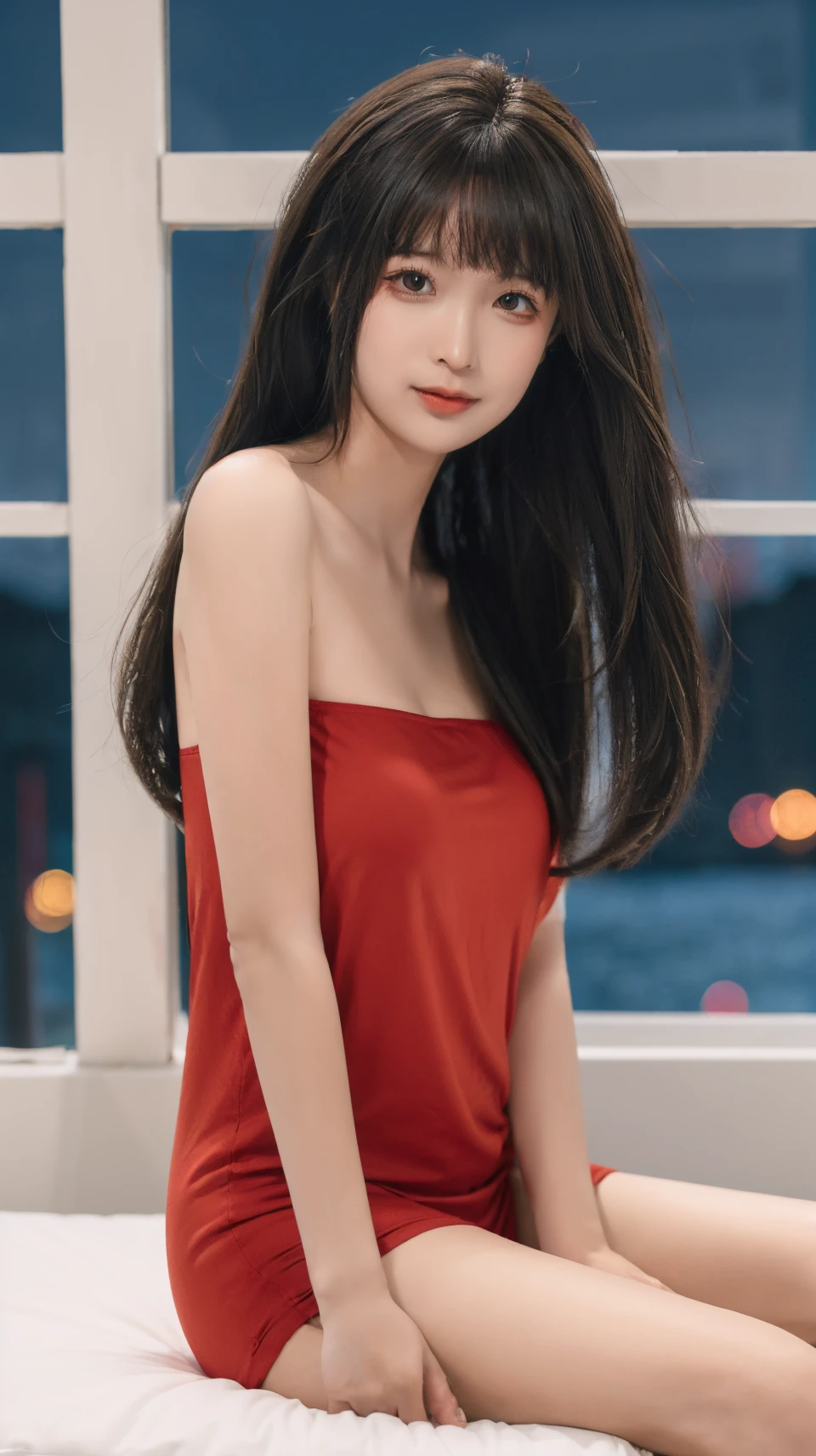 best quality,HDR,UHD,8K,Vivid Colors,solo,photo_(medium),pov,cute & girly,(1girl:1.4),(night:1.4),(looking at viewer:1.4),(sitting:1.3),<lora:rc32:0.75>,rc,bare shoulders,red towel,<lora:momo:0.85>,